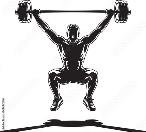 Dynamic silhouette of a fit athlete performing a powerful overhead barbell squat movement