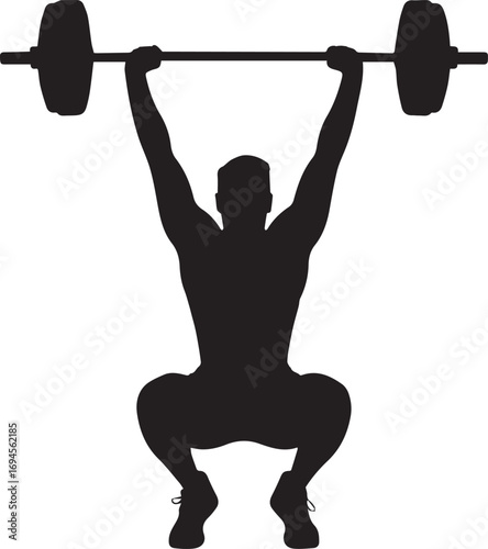 Fitness athlete silhouette lifting heavy barbell overhead in intense workout pose