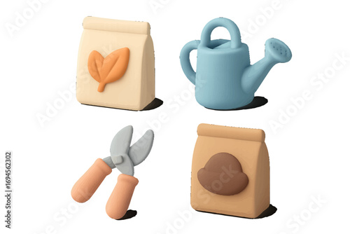 Essential gardening tools and supplies including watering can, seed bags, and pruning shears for spring planting