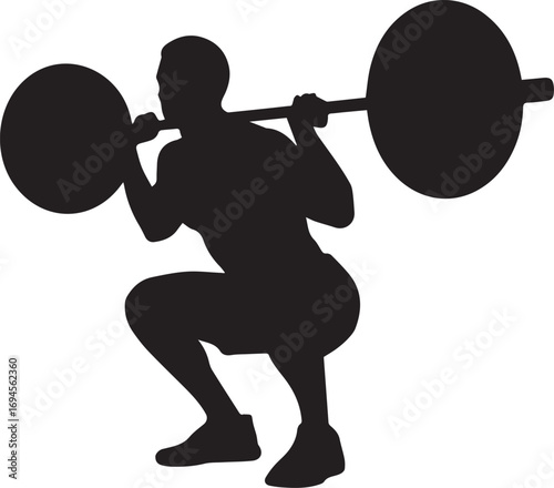 Silhouette of a fitness athlete performing a barbell squat exercise for strength training