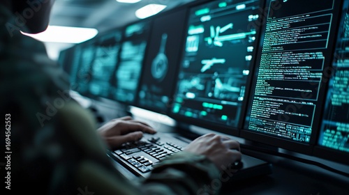 Medium shot of soldier operating counter UAV radar control panel with glowing screens, over the shoulder perspective.