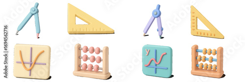 Vibrant pastel colored mathematical tools and educational concepts for geometry, algebra, and arithmetic learning