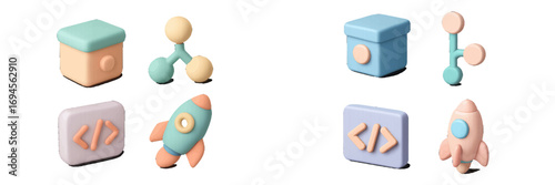 Pastel colored three dimensional icons for technology and business concepts, featuring data box, molecular structure, code tag, and rocket symbols