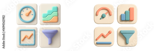 Modern stylized business data analysis and performance measurement icons for dashboard interfaces and financial reports