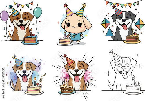 Birthday celebration cartoon animals, cute dogs and bunny, party hats, cakes, balloons, festive decorations, joyful pets, colorful background, happy mood