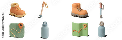 Collection of stylized hiking and outdoor adventure gear including boots, trekking poles, maps, and water bottles