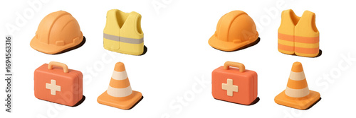 Essential construction safety equipment set including hard hats, reflective vests, first aid kits, and traffic cones for workplace security