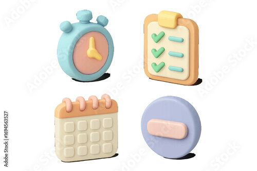 Collection of colorful productivity icons including stopwatch, checklist, calendar, and remove symbol for digital interfaces