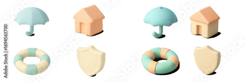 Soft pastel 3D icons representing insurance and protection services, including home, umbrella, shield, and lifebuoy symbols