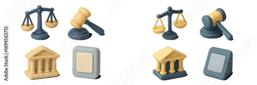 Set of stylized legal and financial icons: scales of justice, judge's gavel, and classical courthouse building