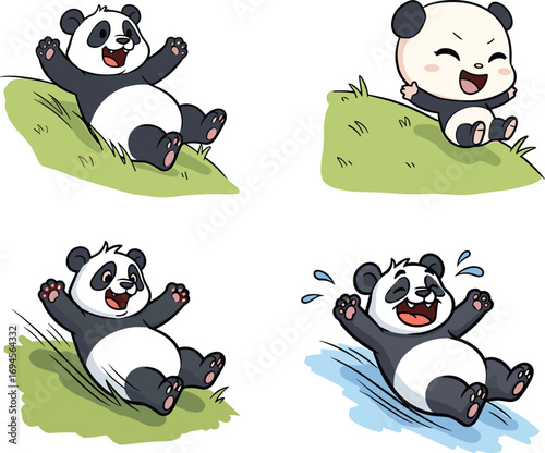 Cartoon panda sliding down hill, playful animal, kids illustration, joyful panda, cute character, fun pose, happy expression, dynamic movement
