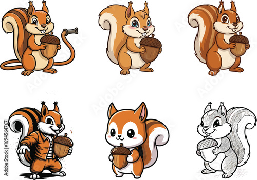 Cartoon squirrel illustrations, acorn holding animals, cute character design, chibi squirrel, superhero squirrel, pencil sketch style, vector mascot set