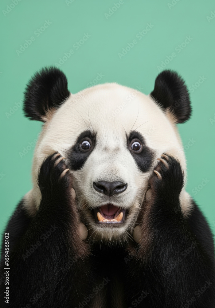 Naklejka premium Surprised Panda On Flat Mint Green Backdrop Holding Cheeks With Paws, Mouth Eyes Wide Open. Disbelief, Panic, Shock, Exaggerated Comical Emotion Reaction. Mental Health Awareness Day, Vertical Layout