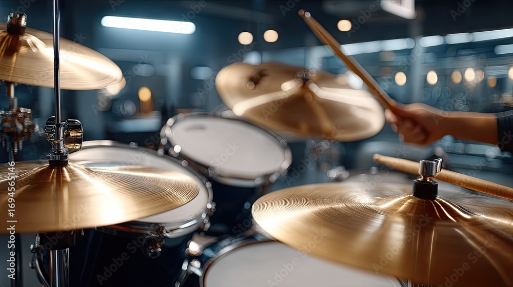 Obraz premium Drummer performing energetically in a modern music studio during a practice session in the evening