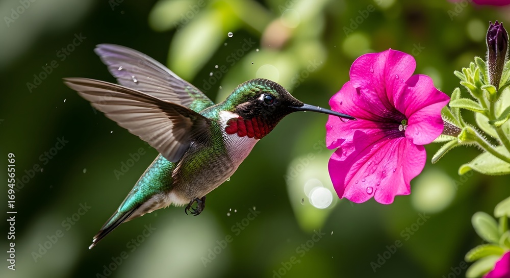 Naklejka premium Hummingbird Feeding on Flower, Vibrant Garden, Nature Photography, Close-Up View, Colorful Environment, Wildlife Concept