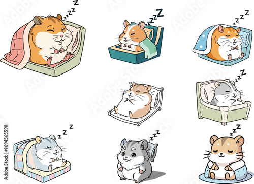 Sleeping hamster cartoon, cute animal illustration, cozy beds, hammock, dish, box, blanket, resting pose, kawaii style, pet character