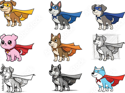 Superhero dog characters, cartoon style, colorful capes, heroic pets, animal illustration, anthropomorphic dogs, comic concept, sketch and final versions