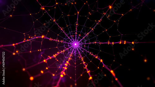 Abstract glowing spiderweb with purple center and orange nodes in a dark background space