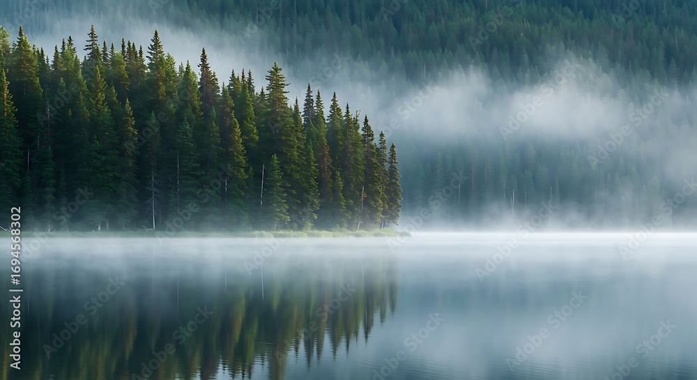 Fototapeta premium Misty Morning Calm: Serene Lake Reflecting a Fog-Kissed Forest