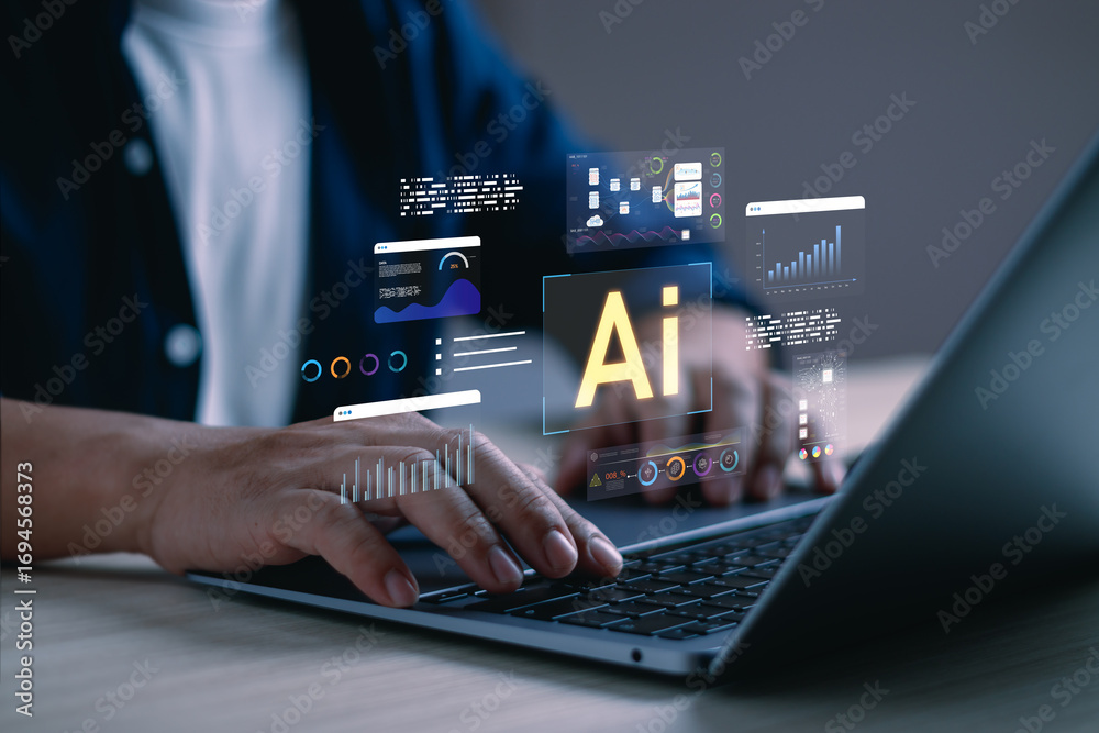 Fototapeta premium Close up hands typing on laptop with artificial intelligence dashboard interface. Concept of AI technology, data analytics, machine learning and smart digital transformation in business