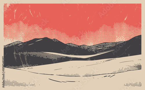 Serene mountain landscape featuring a valley with a river, rendered in a vintage style with a textured sky and a muted color palette