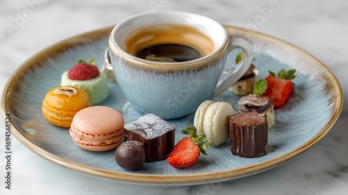 French caf gourmand dessert plate espresso and selection of mini sweets
