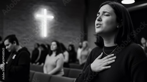 Woman in Black Sweater with Eyes Closed and Hand on Chest Near Illuminated Cross in Church Setting