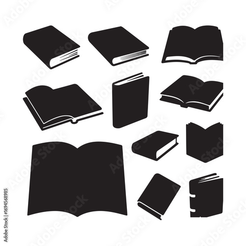 A set of black silhouettes of various books with different shapes and sizes.