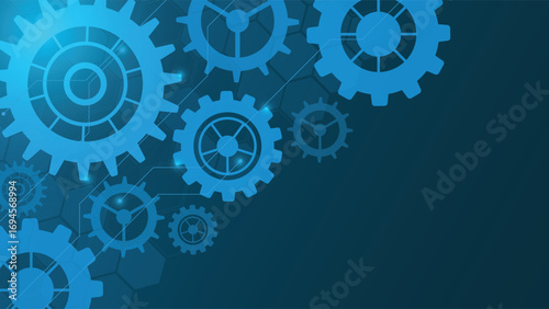 Abstract blue background with interconnected gears and cogwheels symbolizing technology, engineering, automation, and innovation, ideal for modern industrial design projects