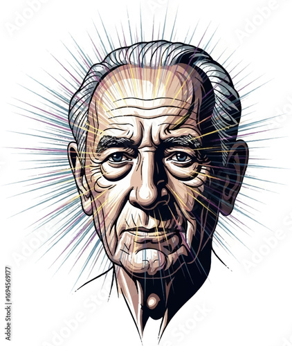 Portrait of Wise Elderly Man with Radiant Light Illustration