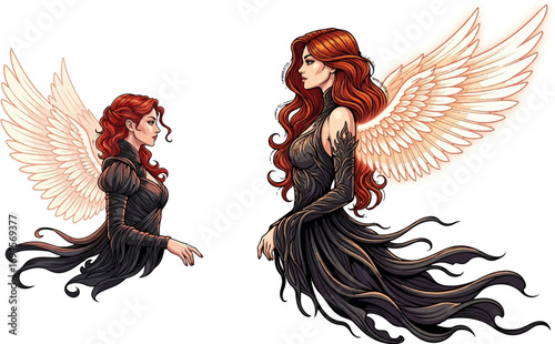 Fantasy Red Haired Angel in Flowing Black Dress with Glowing Wings