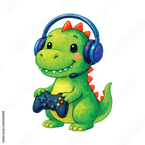 Cute watercolor dinosaur gamer with headset and black controller