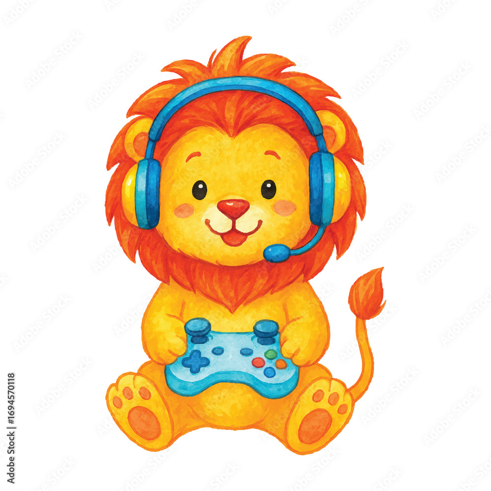 Fototapeta premium Cute watercolor lion gamer with headset and blue controller