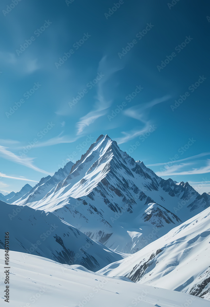 Obraz premium Majestic mountain peak covered in pure white snow under clear blue sky. serene and peaceful winter alpine landscape with scenic view