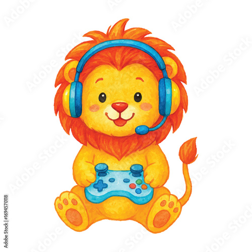 Cute watercolor lion gamer with headset and blue controller