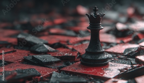A lone black chess queen stands amidst fractured red and black tiles