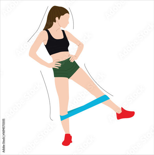 Girl in black sportswear doing exercises with elastic resistance band at home.  resistance band