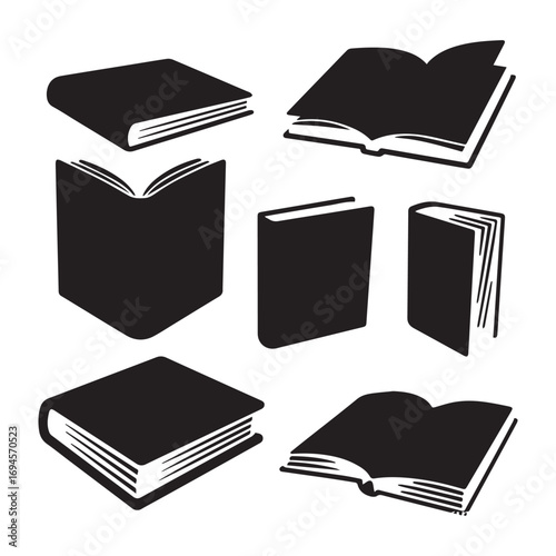 A set of black silhouettes of various books with different shapes and sizes.