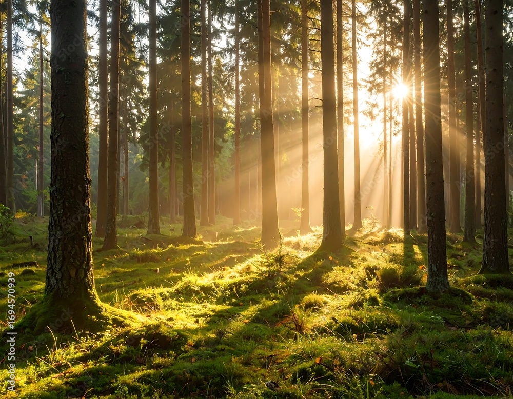 Obraz premium Sunlight streams through a misty forest