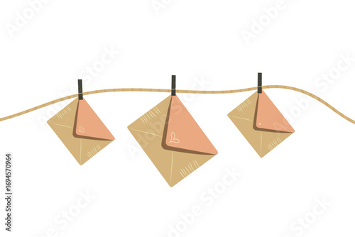 Kraft paper envelopes hanging on string flat illustration isolated on white background.