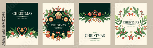 Set of vertical banners with green and red Christmas symbols. Gifts, decor and branches of plants and trees. Winter background with place for text. Seamless pattern.