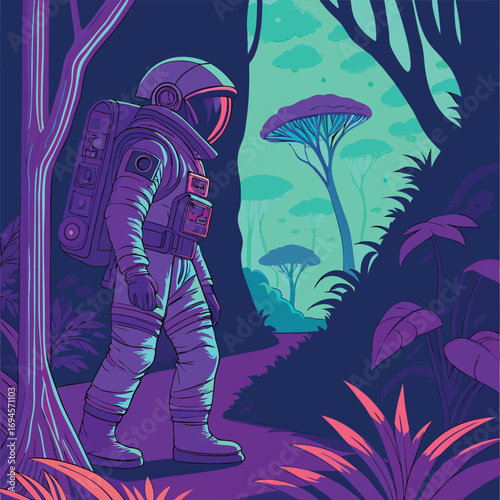 Astronaut explores alien jungle at dusk, a vibrant, mysterious journey into the unknown.