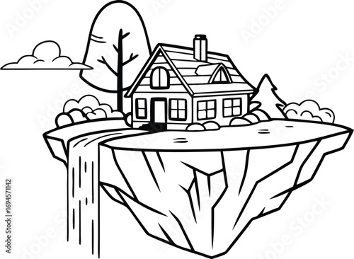 Charming isometric house on a floating island with a waterfall, perfect for fantasy or game concepts.