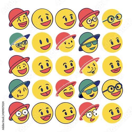 Collection of happy yellow smiley faces wearing hats and glasses