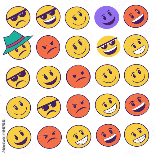  Collection of diverse emoji faces with various expressions and emotions