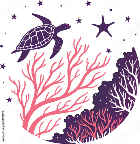Whimsical sea turtle swims among vibrant coral reefs and twinkling stars in magical underwater scene