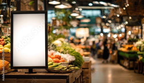 Blank sign in a bustling grocery store