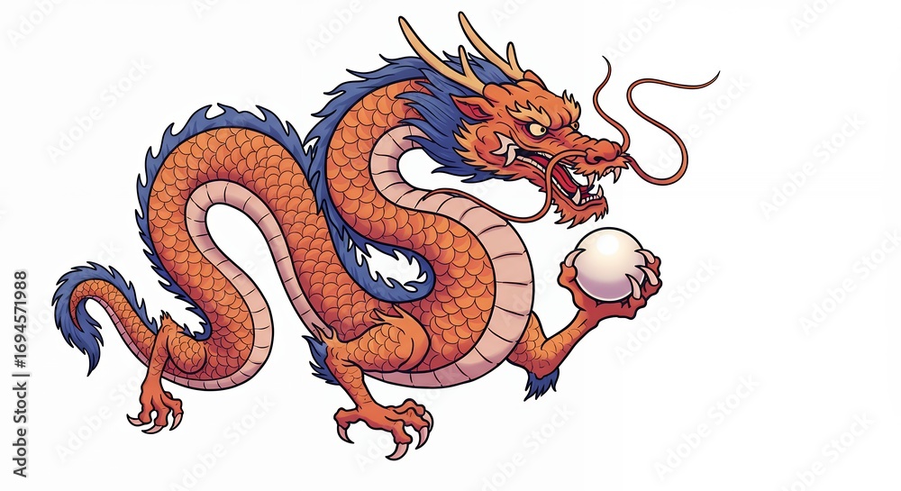 Fototapeta premium Illustration of a mythical dragon holding a pearl against a white backdrop