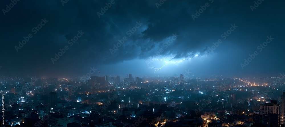 Obraz premium Cityscape lightning storm aerial view dramatic sky urban landscape night scene thunderstorm photography