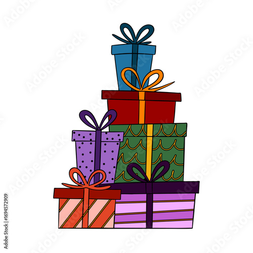 Festive Christmas gifts with ribbons and decorations. Bright and colorful holiday illustration perfect for greeting cards, invitations, seasonal posters, postcards, clipart, and vector artwork 